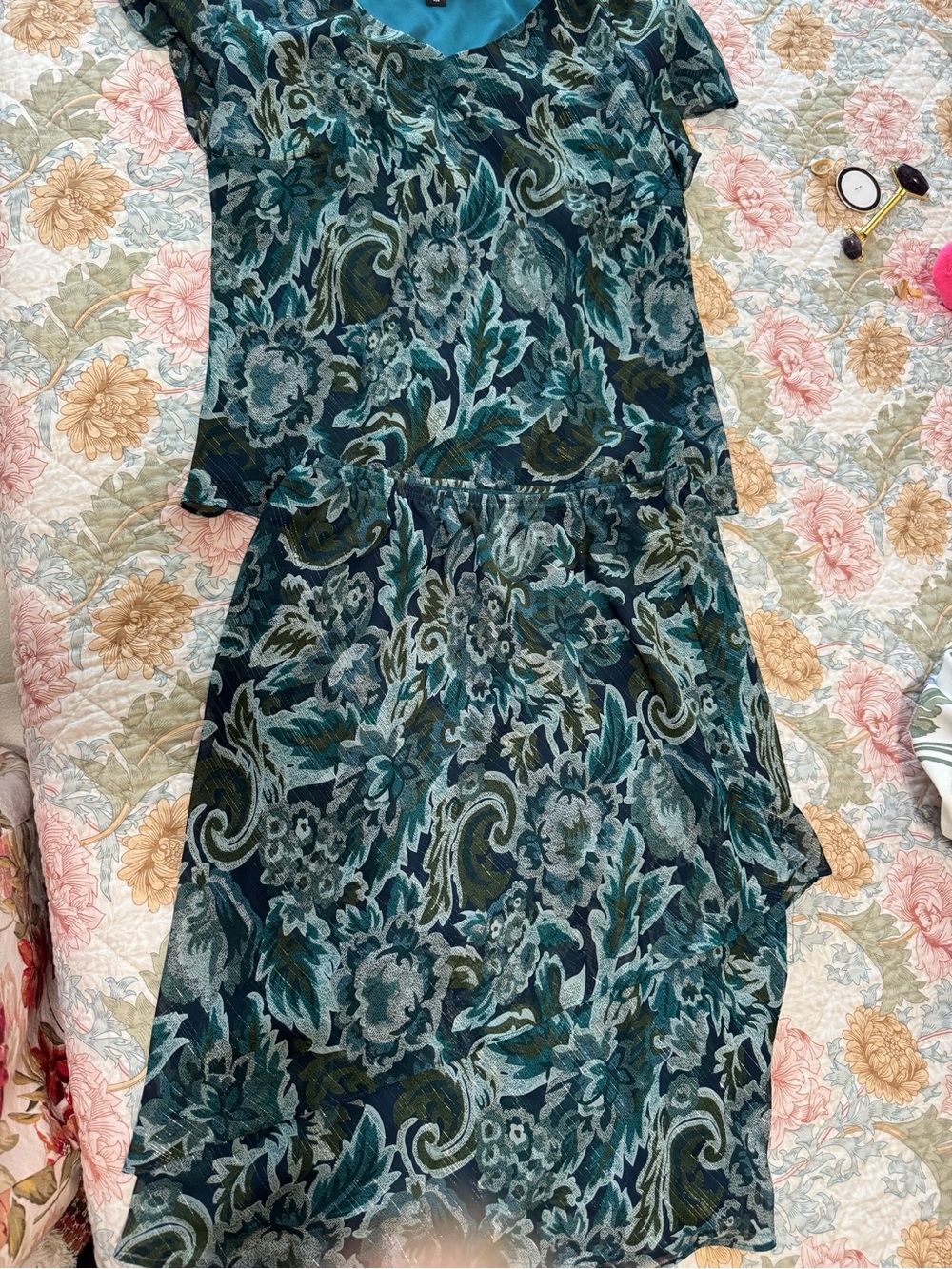 R&M Richards Teal and Navy Floral Print Skirt